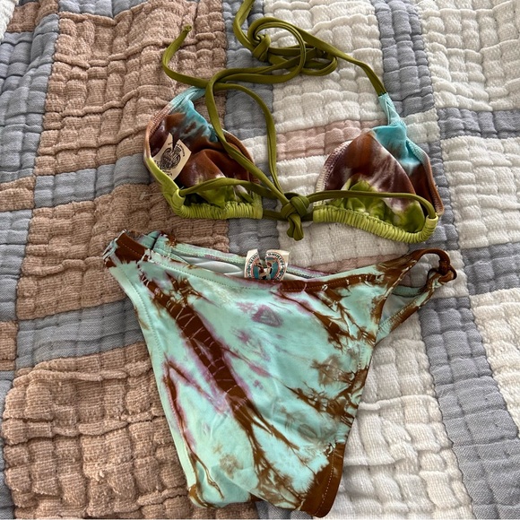 Lucky Brand vtg brown green y2k 2000 triangle key ring high cut tie dye bikini - Picture 6 of 8